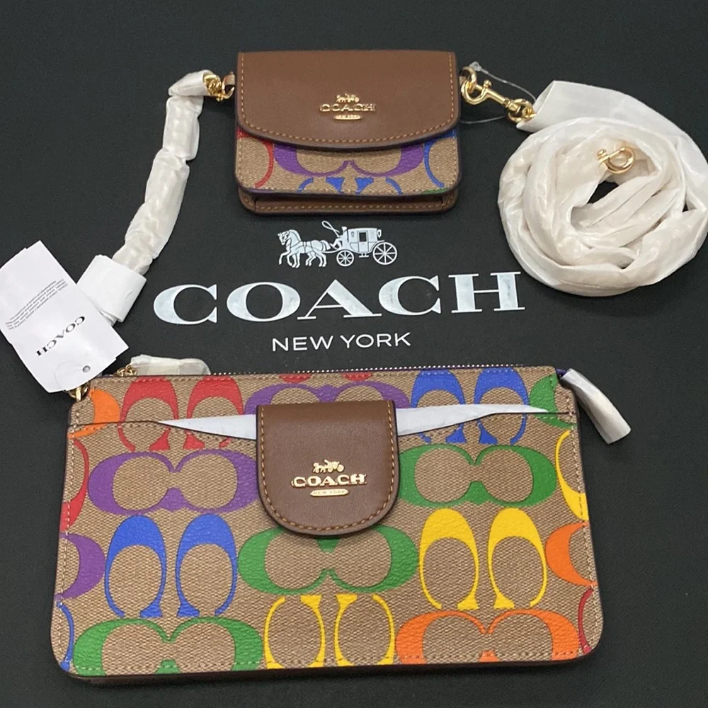 Coach Poppy Crossbody In Rainbow Signature Canvas Textile Leather Double purse - Picture 1 of 11